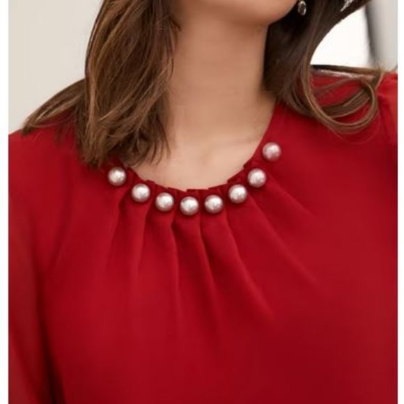 LAURA (petites): Pearl Detail Smocked Sleeve Blouse - ruby red - Picture 5 of 8
